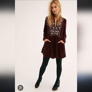 FREE PEOPLE Dress Always Forever Velvet Mini Shift Boho Embroidered Maroon Small